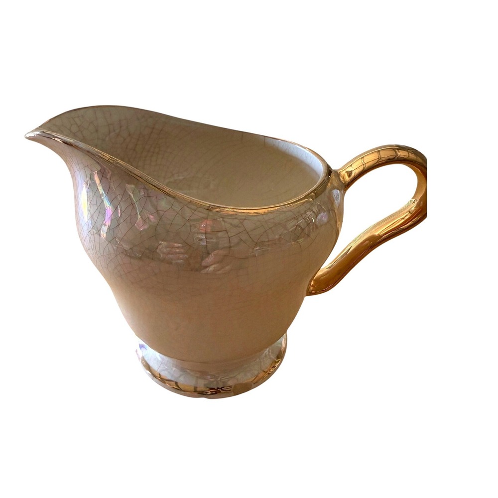 Edwin M Knowles 1940s Creamer Pitcher Iridescent Gold Handle Cottagecore